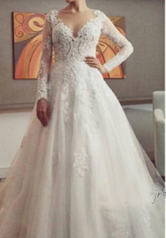 New Arrival Tulle Long Sleeve Wedding Dress Elegant Court Train Lace Applique Bridal Gown