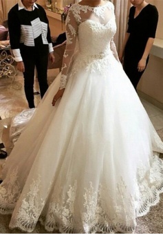 New Arrival Long Sleeve Lace Bridal Gown A-line Scoop Court Train Wedding Dresses