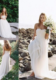 A-Line Sweetheart Lace Summer Beach Wedding Dress Elegant Zipper Long Bridal Gowns