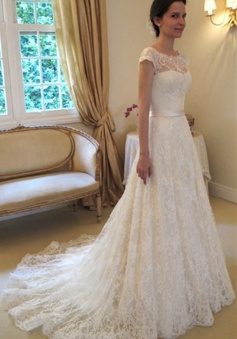 A-Line Short Sleeve Court Train Wedding Dress New Arrival Bowknot Custom Made Bridal Gown