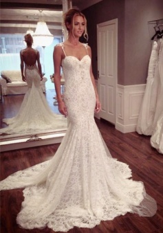 Sexy Lace Spaghetti Strap Mermaid Wedding Dress Latest Court Train Open Back 2018 Bridal Gowns