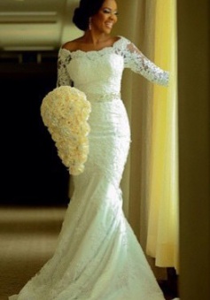 Vintage Long Sleeve Mermaid Lace Wedding Dress Crystal Latest Long Plus Size Bridal Gowns BA0645