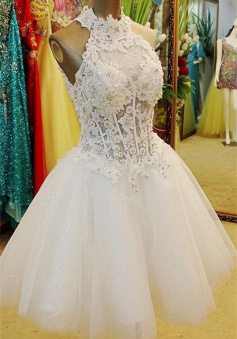 A-Line Halter White Mini Wedding Dress New Arrival Lace Flower Short Tulle Bridal Gowns BA7308