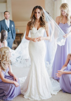 Elegant Mermaid Spaghetti Strapless Bridal Gown Lace Backless Trumpet Court Train Wedding Dress