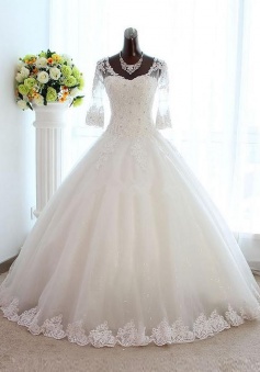 New Arrival Half Sleeve Lace Ball Gown Wedding Dress Crystal Tulle Plus Size Bridal Gown