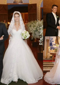 A-Line Elegant Long Sleeve Lace Bridal Gowns V-Neck Sweep Train Plus Size Wedding Dress