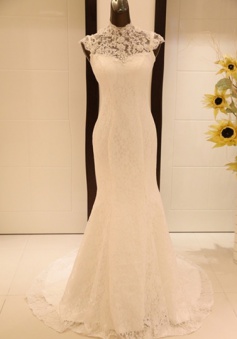 Sexy Mermaid High Collar Lace Wedding Dress New Arrival Custom Made Sequins Long Evening Dress