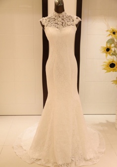 Sexy Mermaid High Collar Lace Wedding Dress New Arrival Custom Made Sequins Long Evening Dress