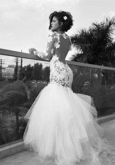 White Sexy Mermaid Tulle Long Bridal Gown Long Sleeve Backless Floor Length Wedding Dress