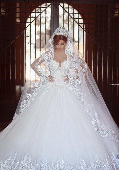 Elegant White Lace Ball Gown Wedding Dress Popular Sweep Train Long Sleeve Bridal Gown MH026
