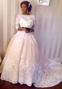 Beautiful Lace 3/4 Sleeve Long Ball Gown Wedding Dress New Arrival Custom Made Formal Bridal Gowns