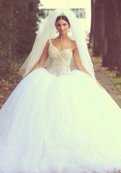Crystal One Shoulder Tulle Long Bridal Gown Elegant Custom Made Puffy Princess Wedding Dresses