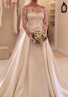 Latest Bateau Long Sleeve Satin Bridal Gowns Formal Lace Bowknot Beadings Long Wedding Dress