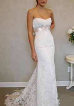 Empire Sexy White Lace Long Wedding Dress Popular Crystal Bowknot Sweep Train Bridal Gowns