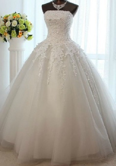 White Strapless Crystal Long Wedding Dress New Arrival Lace Floor Length Ball Gown Bridal Gown