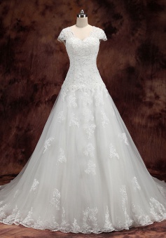 Beautiful Short Sleeve White Lace Bridal Gowns Popular Tulle Court Train Wedding Dress