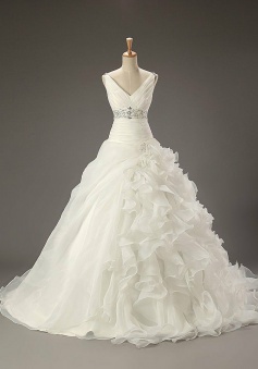 V-Neck Empire Organza Bridal Gowns with Beadings Latest Sweep Train Crystal Wedding Dress