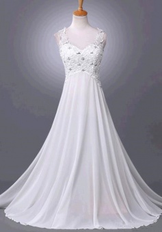 A-Line White Chiffon Long Wedding Dress Lace Sequines Court Train Plus Size Bridal Gowns