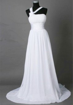 One Shoulder White Chiffon Long Bridal Gown Cheap Empire Flower Lace-Up Wedding Dress