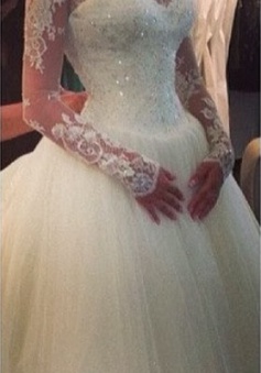 High Neck Long Sleeve Princess Wedding Dress Ball Gown Lace Cheap Bridal Dress