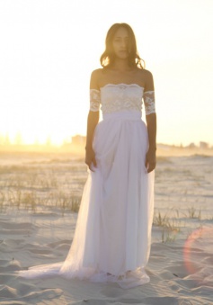 Bateau Short Sleeve White Chiffon Wedding Dress Latest Simple Lace Summer Beach Bridal Gowns