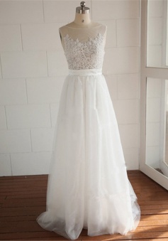 A-line Elegant White Lace Long Wedding Dress Simple Popular Plus Size Bridal Gowns