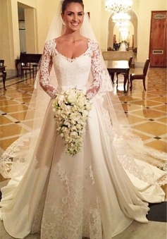 Princess A Line Satin Wedding Dress White Lace V Neck Long Sleeve Cheap Bridal Gowns