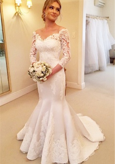 Sexy Mermaid V-Neck 3/4 Long Sleeve Wedding Dress White Lace Plus Size Bridal Gowns