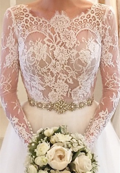 Formal White Lace Long Sleeve Bridal Gown Elegant Crystal Court Train Wedding Dress