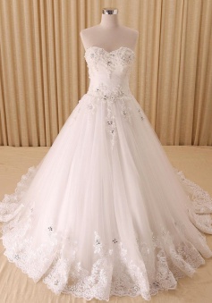 Elegant White Sweetheart Lace Bridal Gowns Crystal Lace-Up Court Train Wedding Dresses