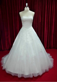 White Strapless Lace Long Wedding Dress Latest Tulle Sweep Train Plus Size Bridal Gowns