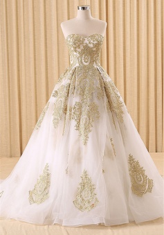 Vintage Swwetheart Gold Lace Ball Gown Wedding Dress White Tulle Latest Formal Long Bridal Gowns