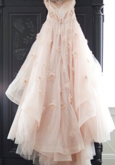 Elegant Spaghetti Strap Tulle Applique Long Wedding Dress In Pink CJ0319