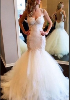 Sexy Mermaid Tulle Spaghetti Strap Wedding Dresses White Floor Length Trumpet Lace Bridal Gowns