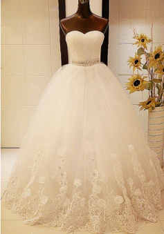 White Lace Sweetheart Crystal Long Wedding Dresses Ball Gown Lace-Up Tulle Fitted Bridal Gowns