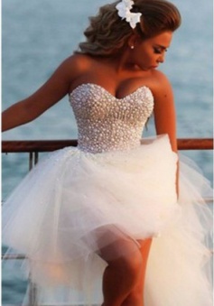 Crystal White Sweetheart Tulle Beach Wedding Dress Cute Ball Gown Latest Summer Bridal Gowns with Beadings