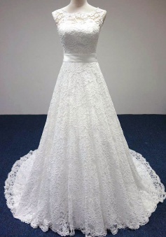 Cheap Simple White Lace Formal Bridal Gowns A-Line Sweep Train lace-up Bowknot Wedding Dresses