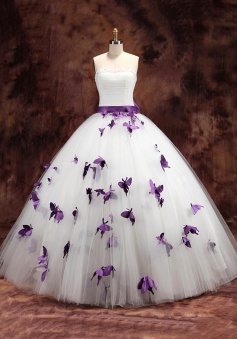 Elegant White Strapless Ball Gown Long Wedding Dresses with Purple Butterfly Unique Beading Sash Bowknot Bridal Gowns BA