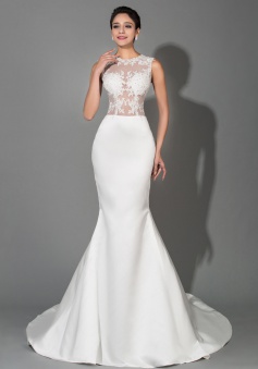 Custom Mermaid Sexy White Long Bridal Dresses Stretch Satin Applique Sheer Back Wedding Dress with Fishtail
