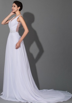 Beautiful White Chiffon V-Neck Long Wedding Dresses Sheer Back Court Train Crystal Bridal Gowns with Beads