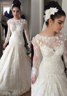 Mermaid Long Sleeve 2018 Wedding Dresses with Train Gorgeous Lace Appliques Bridal Gowns BO8376