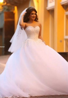 Pure White Sweetheart Princess Ball Gown Wedding Dress Tulle Beading Cute Popular Bridal Dress