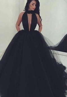 Ball Gown V-neck Sleeveless Floor-Length Tulle Dresses