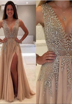 Rhinestone Sexy V Neck Prom Dress with Slit, V Neck Prom Dress