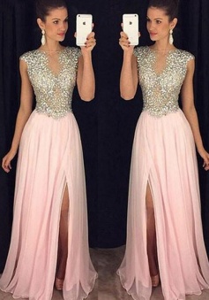 Round Neck Sleeveless Pink Prom Dress With Beading