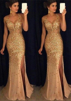 Sexy V-neck Sequin Court Train Sleeveless Beading Prom Dresses