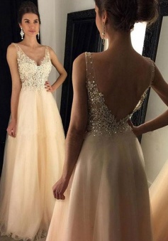 Appliques V Neck Floor-length Backless Lace Prom Dresses