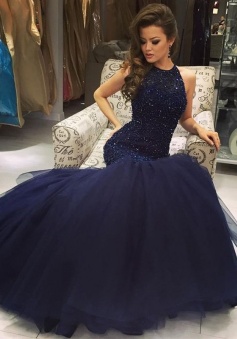 Sexy Trumpet/Mermaid Floor-Length Jewel Tulle Sleeveless Prom Dresses with Beading