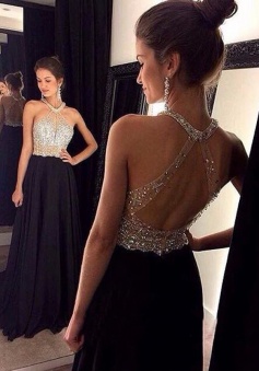 Halter Sleeveless Beading Chiffon Sweep/Brush Train Prom Dresses