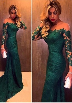 Off-the-Shoulder Mermaid Long Sleeves Lace Sweep/Brush Train Prom/Evening Dresses